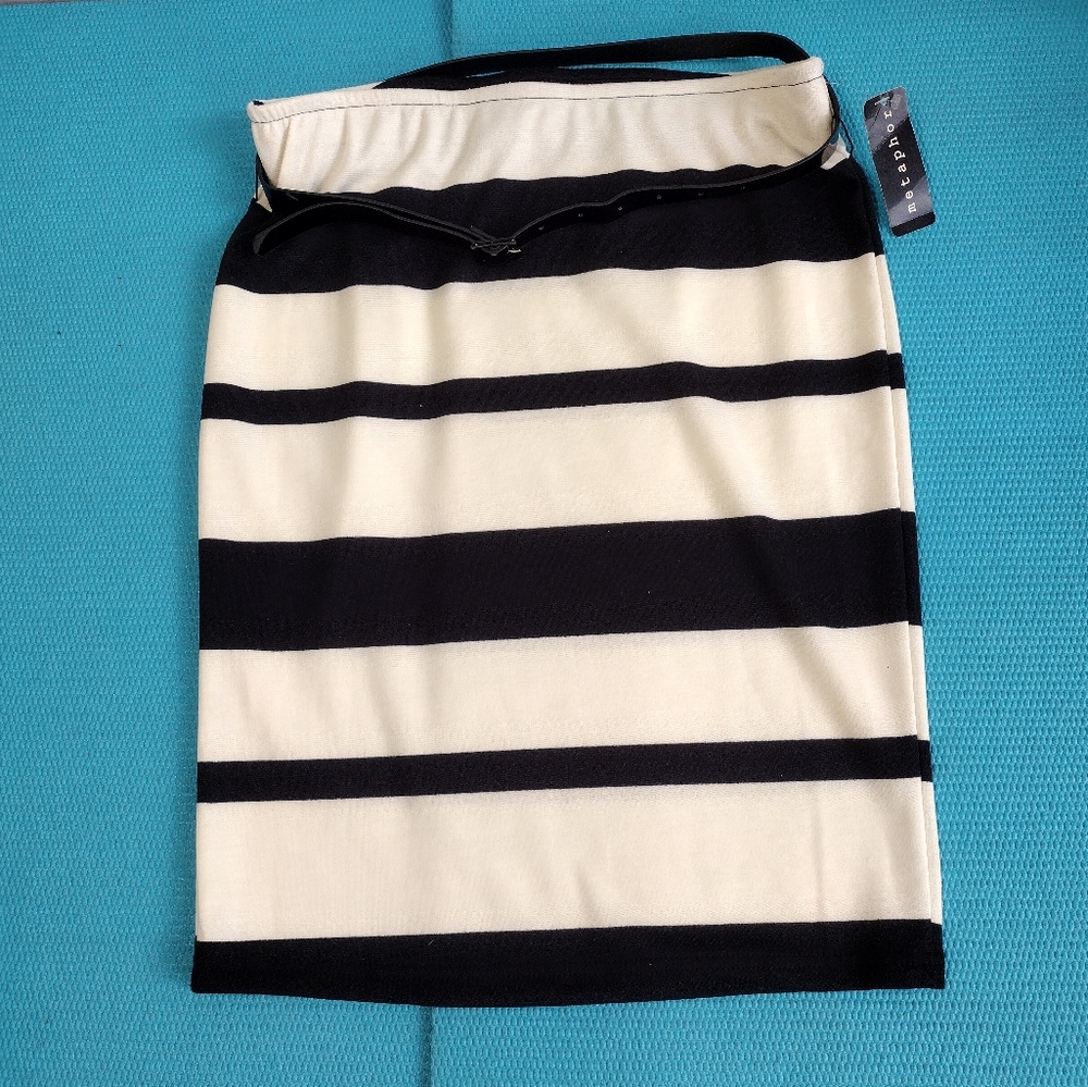 NWT Metaphor Black & Ivory Striped Belted Pencil Skirt Size S